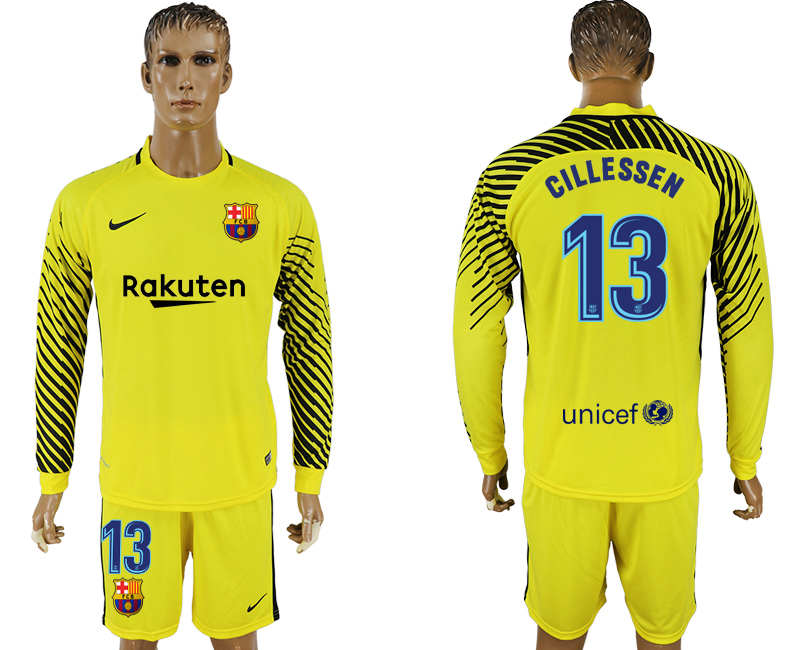 2017-18 Barcelona 13 CILLESSEN Yellow Long Sleeve Goalkeeper Soccer Jersey
