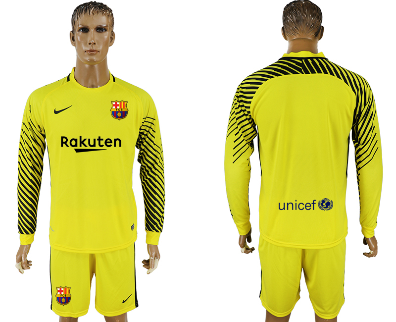 2017-18 Barcelona Yellow Long Sleeve Goalkeeper Soccer Jersey