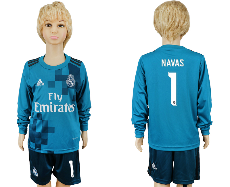 2017-18 Real Madrid 1 NAVAS Third Away Youth Long Sleeve Soccer Jersey