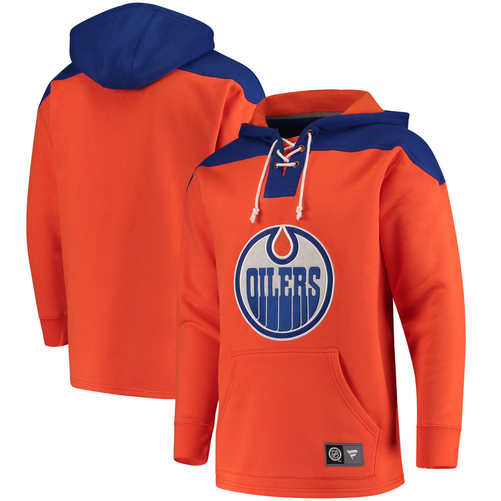 Men's Edmonton Oilers Fanatics Branded Orange/Navy Breakaway Lace Up Hoodie