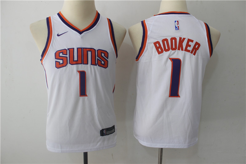 Suns 1 Devin Booker White Youth Nike Swingman Jersey - Click Image to Close