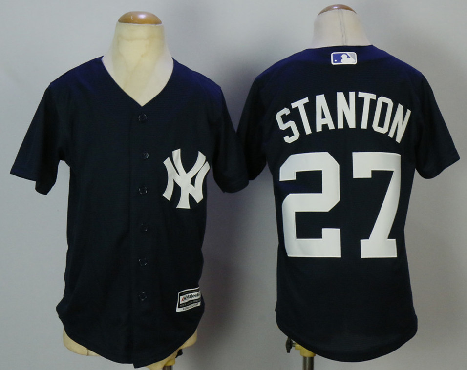 Yankees 27 Giancarlo Stanton Navy Youth Cool Base Jersey - Click Image to Close