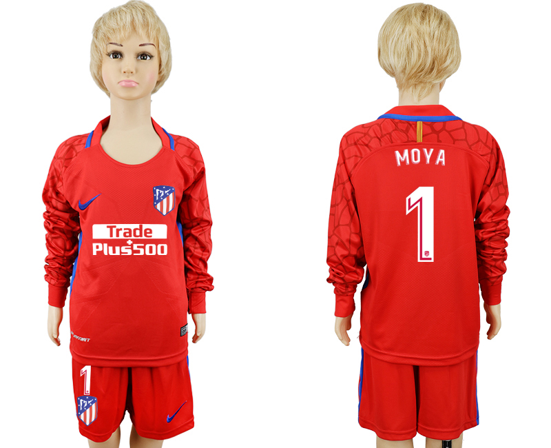 2017-18 Atletico Madrid 1 MOYA Red Youth Long Sleeve Goalkeeper Soccer Jersey