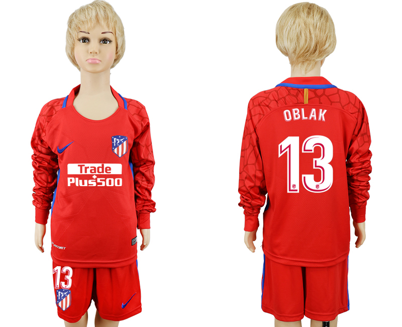 2017-18 Atletico Madrid 13 OBLAK Red Youth Long Sleeve Goalkeeper Soccer Jersey