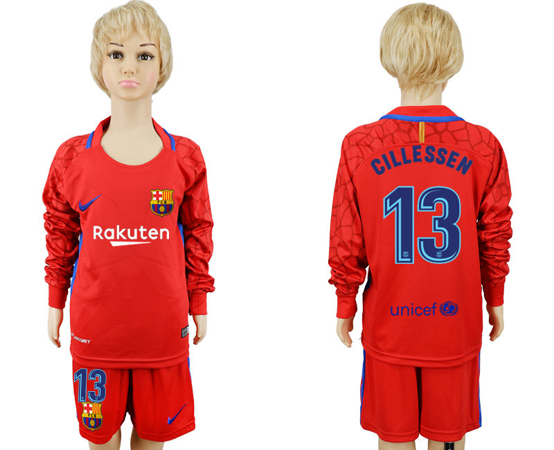 2017-18 Barcelona 13 CILLESSEN Red Youth Long Sleeve Goalkeeper Soccer Jersey