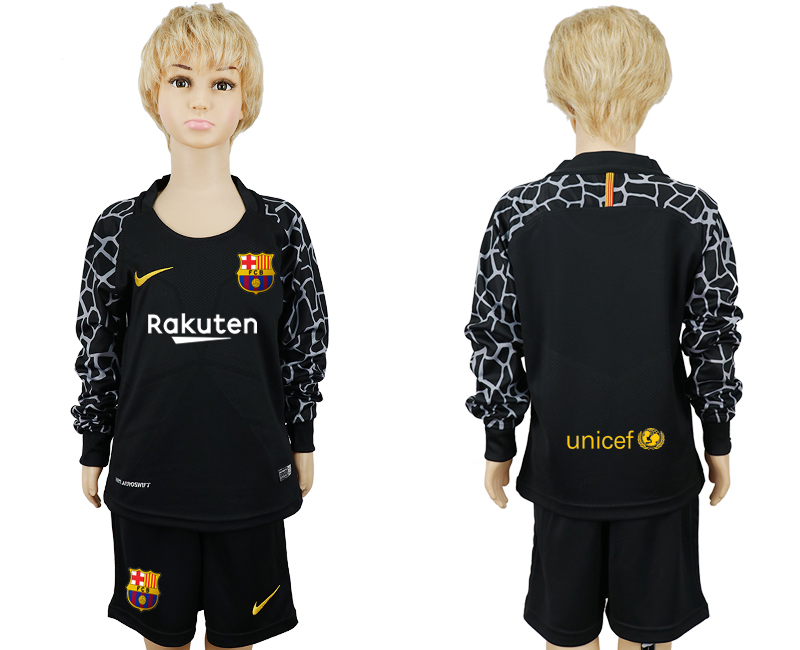 2017-18 Barcelona Black Youth Long Sleeve Goalkeeper Soccer Jersey