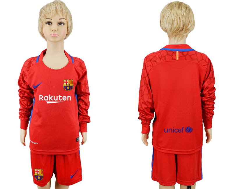 2017-18 Barcelona Red Youth Long Sleeve Goalkeeper Soccer Jersey