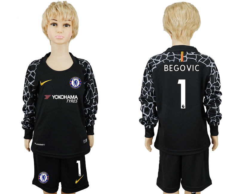 2017-18 Chelsea 1 BEGOVIC Black Youth Long Sleeve Goalkeeper Soccer Jersey