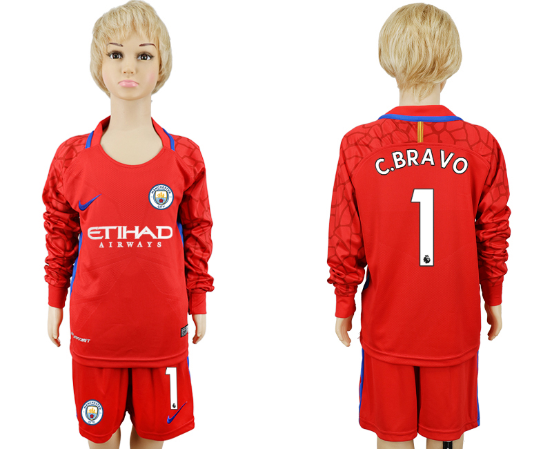 2017-18 Manchester City 1 C.BRAVO Red Youth Long Sleeve Goalkeeper Soccer Jersey