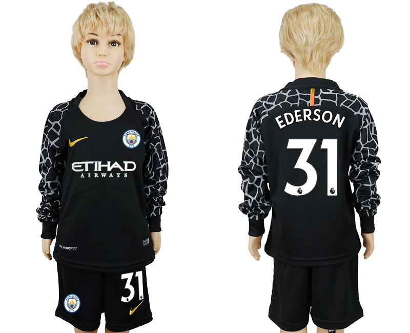 2017-18 Manchester City 31 EDERSON Black Youth Long Sleeve Goalkeeper Soccer Jersey
