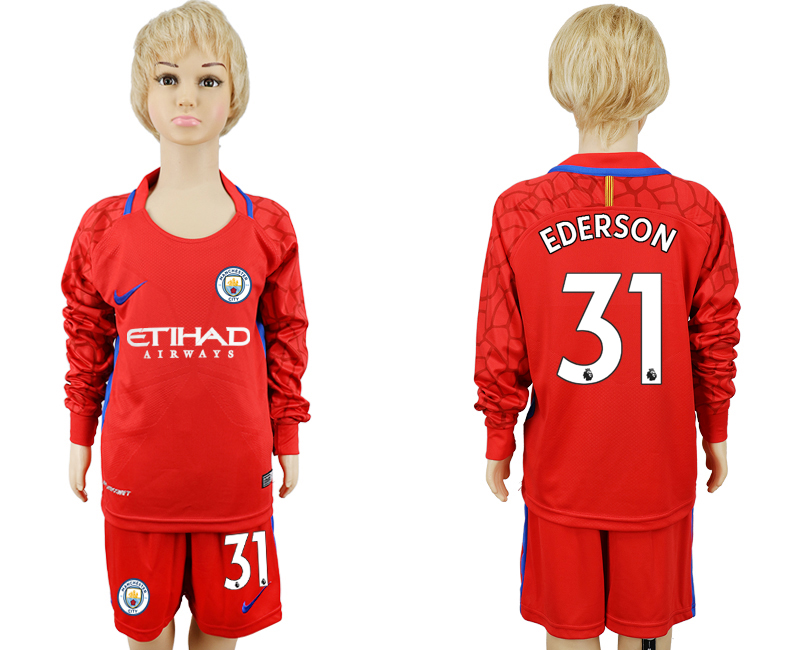 2017-18 Manchester City 31 EDERSON Red Youth Long Sleeve Goalkeeper Soccer Jersey