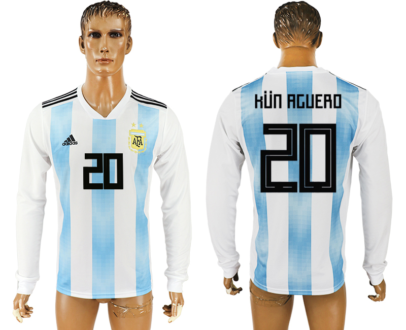 Argentina 20 KUN AGUERO Home 2018 FIFA World Cup Long Sleeve Thailand Soccer Jersey - Click Image to Close