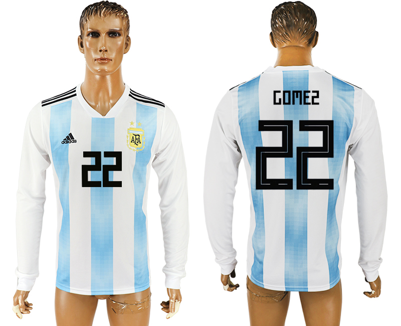 Argentina 22 GOMEZ Home 2018 FIFA World Cup Long Sleeve Thailand Soccer Jersey