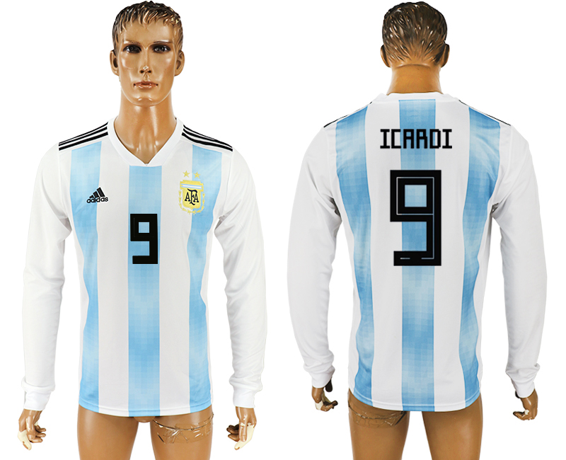 Argentina 9 ICARDI Home 2018 FIFA World Cup Long Sleeve Thailand Soccer Jersey
