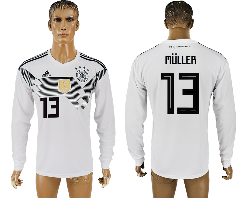 Germany 13 MULLER Home 2018 FIFA World Cup Long Sleeve Thailand Soccer Jersey