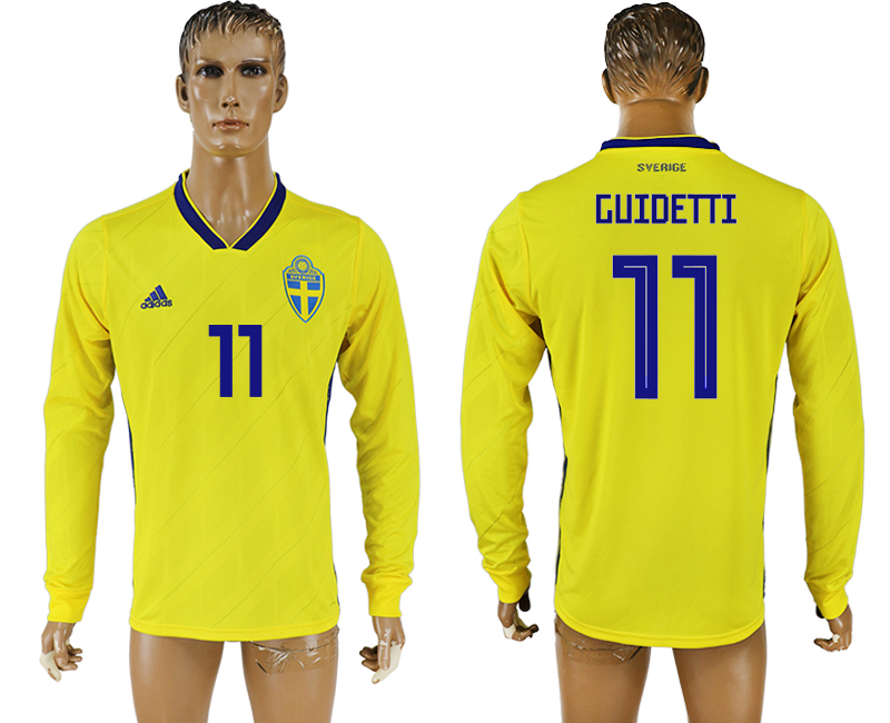 Sweden 11 GUIDETTI Home 2018 FIFA World Cup Long Sleeve Thailand Soccer Jersey