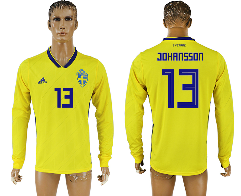 Sweden 13 JOHANSSON Home 2018 FIFA World Cup Long Sleeve Thailand Soccer Jersey - Click Image to Close