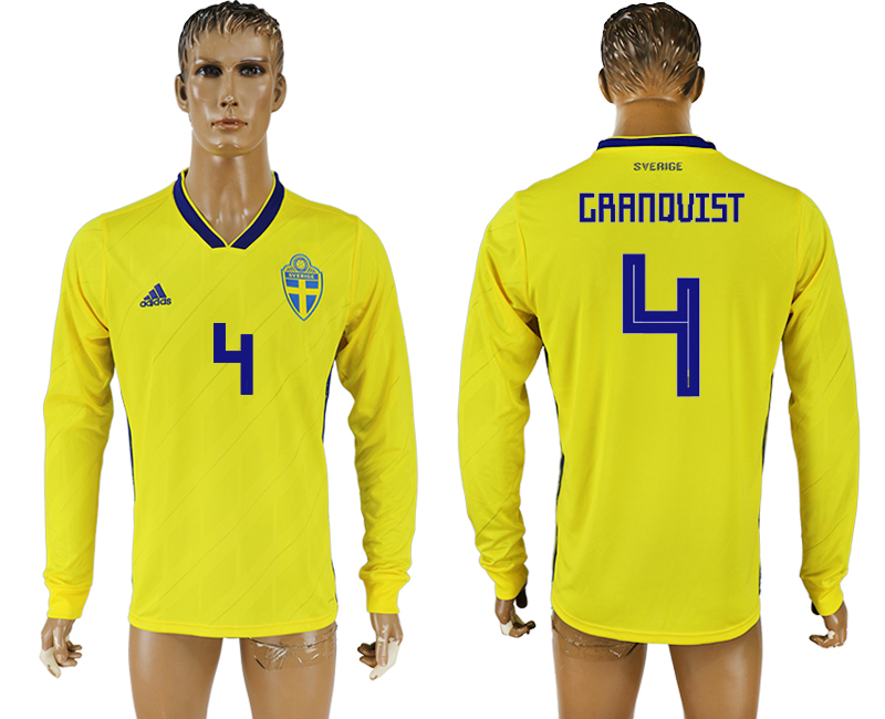 Sweden 4 CRANOVIST Home 2018 FIFA World Cup Long Sleeve Thailand Soccer Jersey