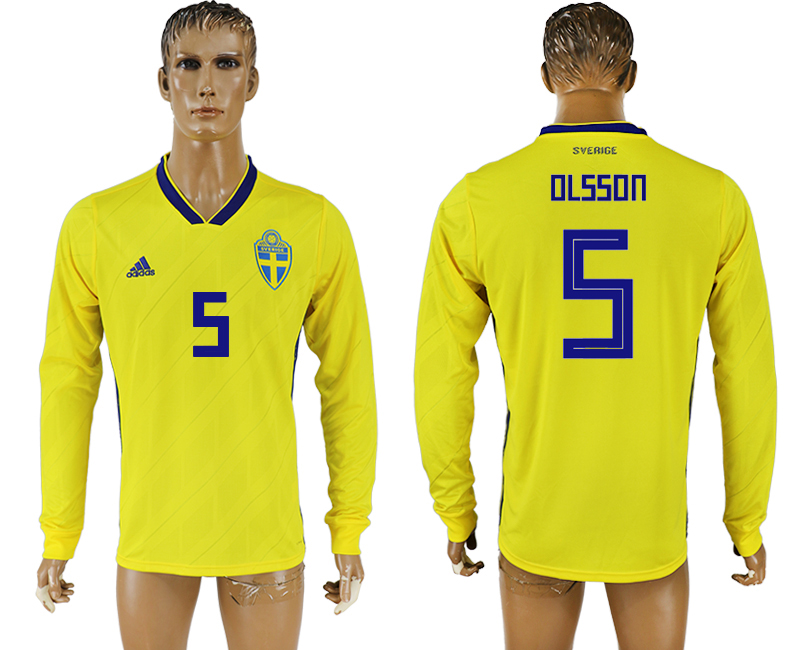 Sweden 5 OLSSON Home 2018 FIFA World Cup Long Sleeve Thailand Soccer Jersey