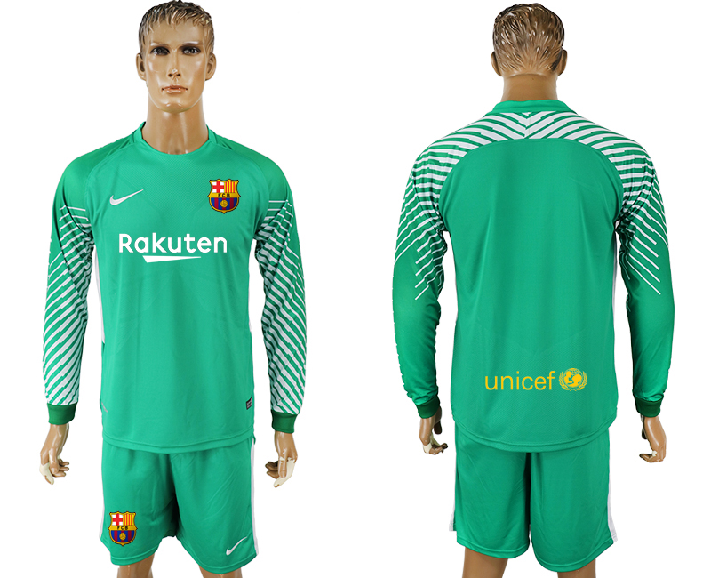 2017-18 Barcelona Green Long Sleeve Goalkeeper Soccer Jersey