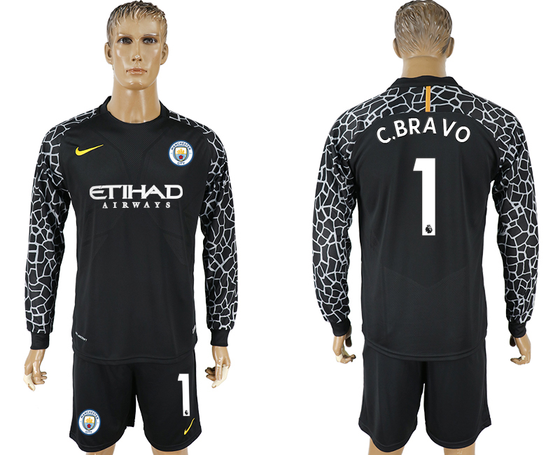 2017-18 Manchester City 1 C.BRAVO Black Long Sleeve Goalkeeper Soccer Jersey
