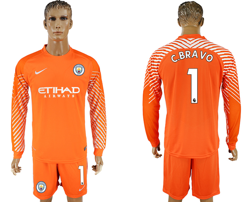 2017-18 Manchester City 1 C.BRAVO Orange Long Sleeve Goalkeeper Soccer Jersey