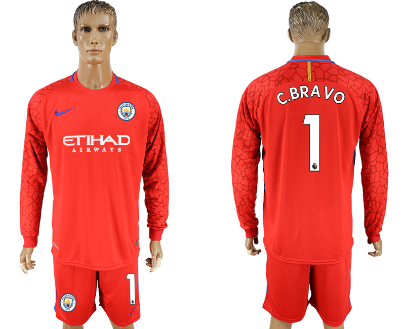 2017-18 Manchester City 1 C.BRAVO Red Long Sleeve Goalkeeper Soccer Jersey