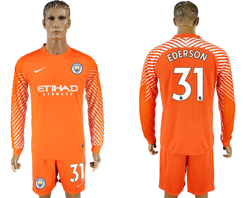 2017-18 Manchester City 31 EDERSON Orange Long Sleeve Goalkeeper Soccer Jersey