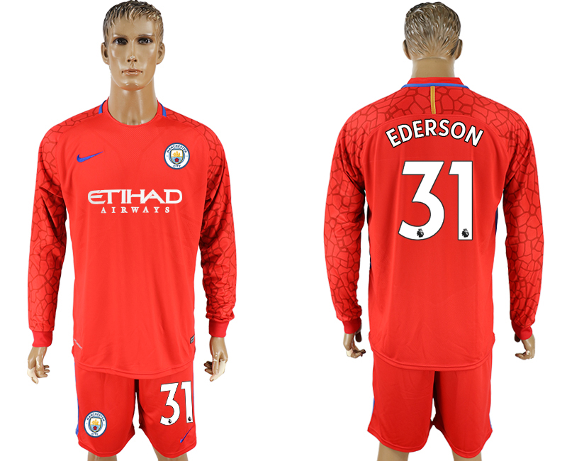 2017-18 Manchester City 31 EDERSON Red Long Sleeve Goalkeeper Soccer Jersey