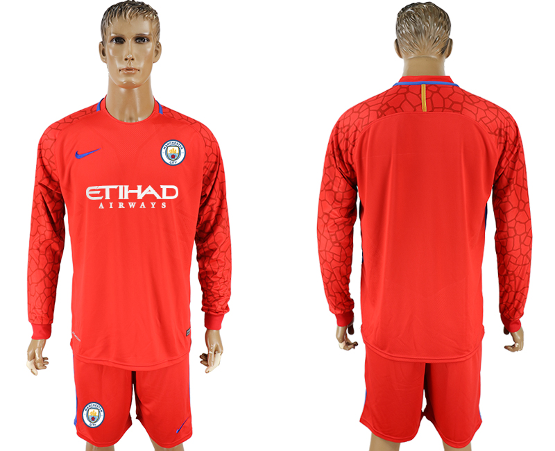 2017-18 Manchester City Red Long Sleeve Goalkeeper Soccer Jersey