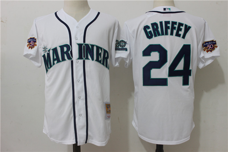 Mariners 24 Ken Griffey Jr. White With 50th Anniversary Patch Cool Base Jersey - Click Image to Close
