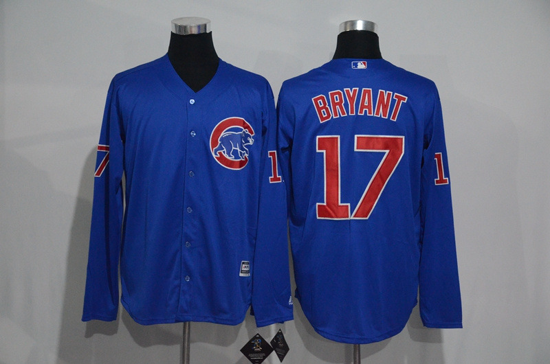 Cubs 17 Kris Bryant Blue Long Sleeve Cool Base Jersey - Click Image to Close