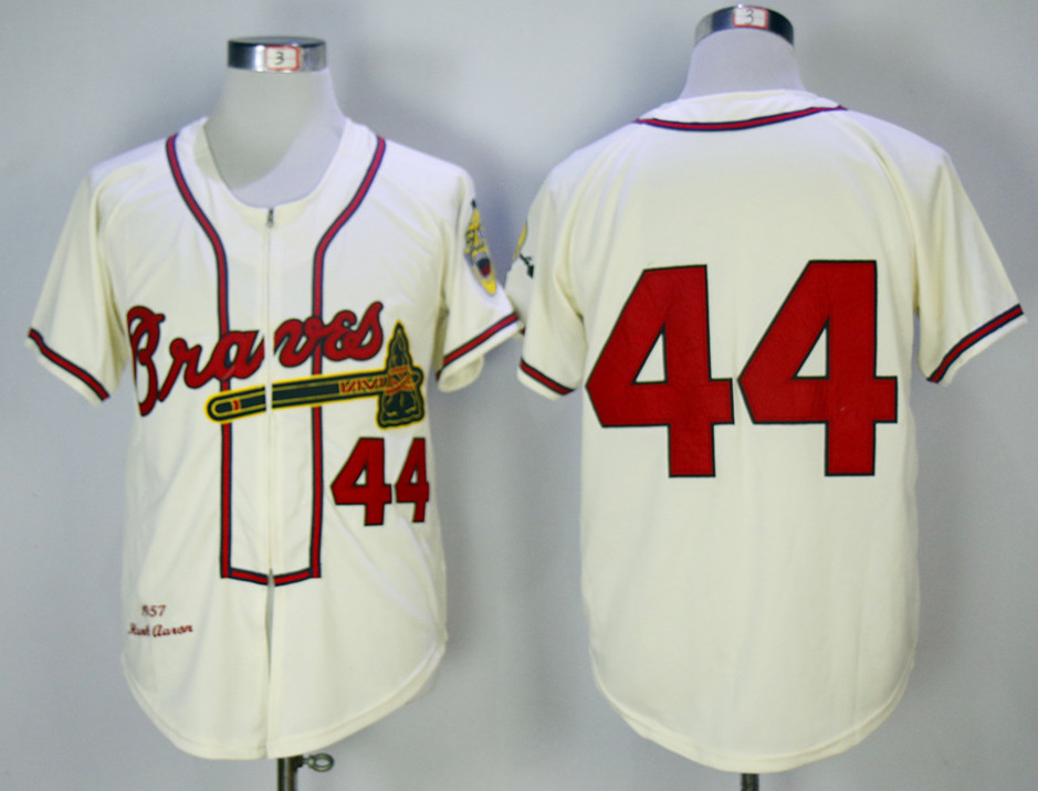Braves 44 Hank Aaron Cream 1957 Mitchell & Ness Jersey - Click Image to Close