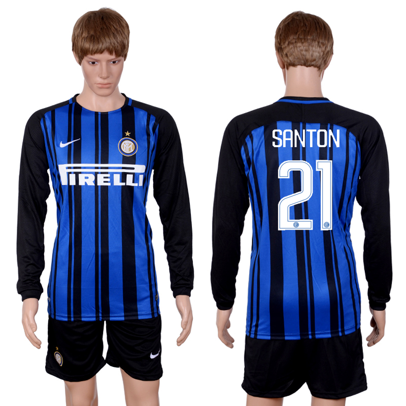 2017-18 Inter Milan 21 SANTON Home Long Sleeve Soccer Jersey