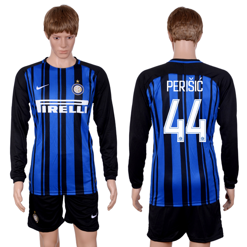 2017-18 Inter Milan 44 PERISIC Home Long Sleeve Soccer Jersey