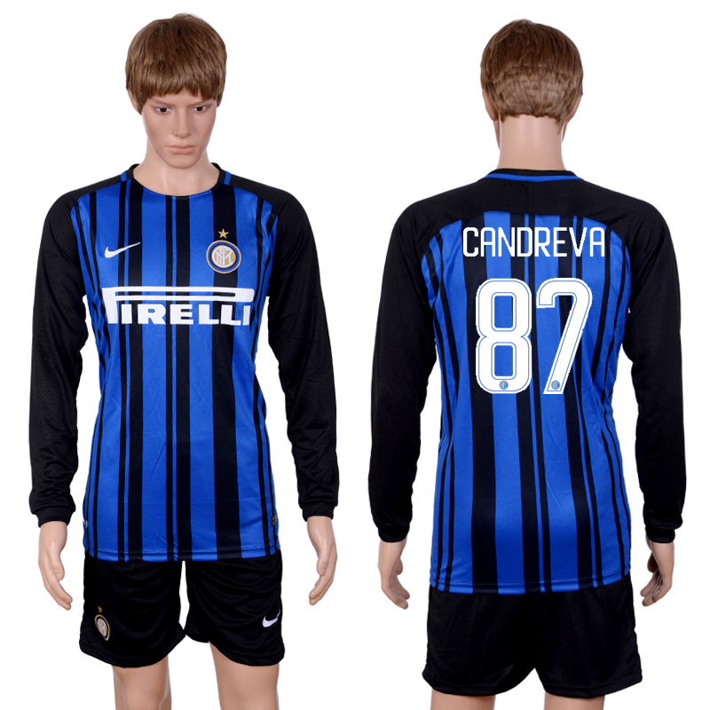 2017-18 Inter Milan 87 GANDREVA Home Long Sleeve Soccer Jersey