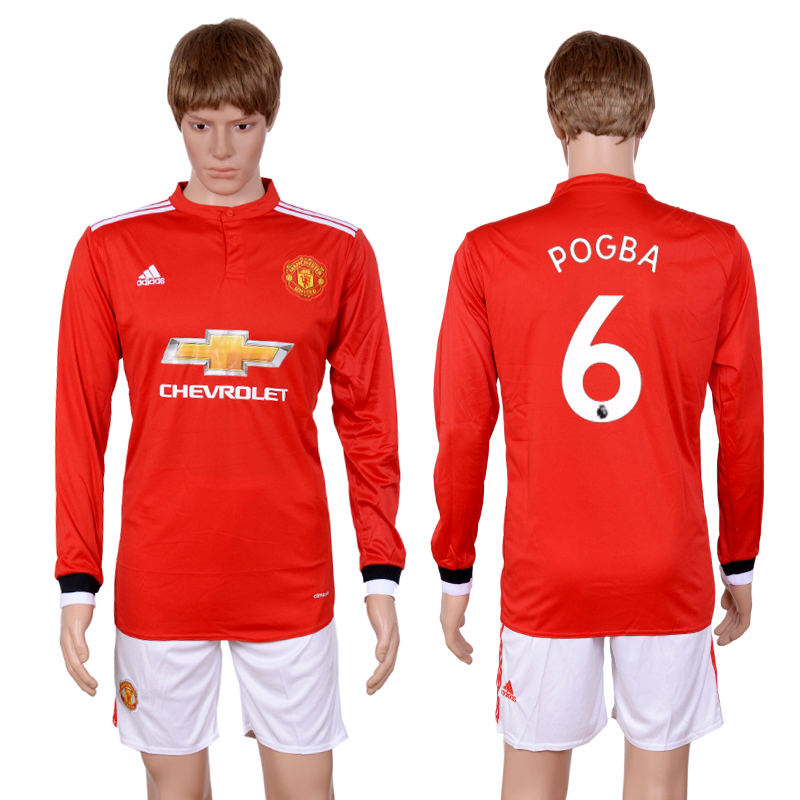 2017-18 Manchester United 6 POGBA Home Long Sleeve Soccer Jersey