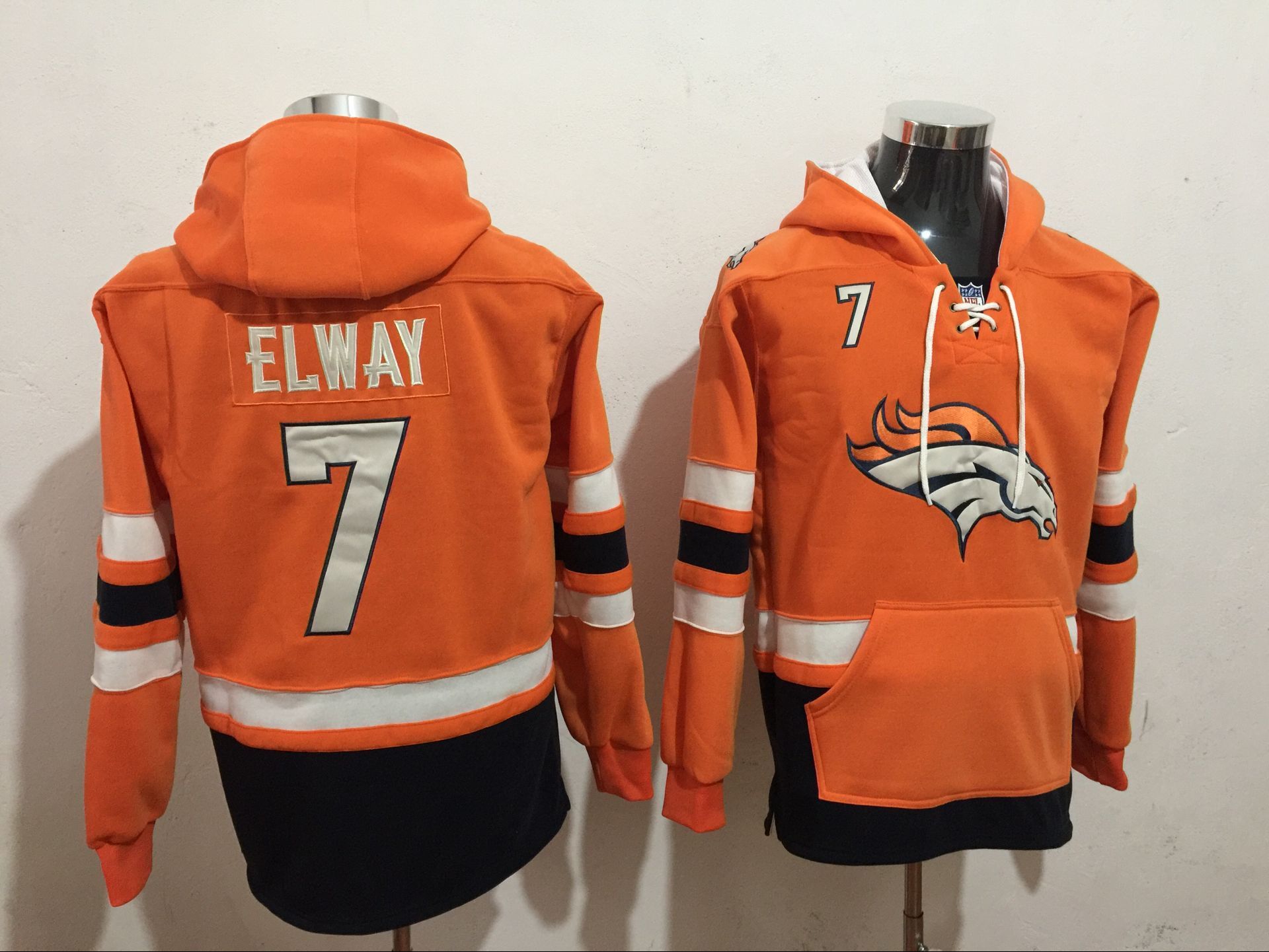 Denver Broncos 7 John Elway Orange All Stitched Hooded Sweatshirt
