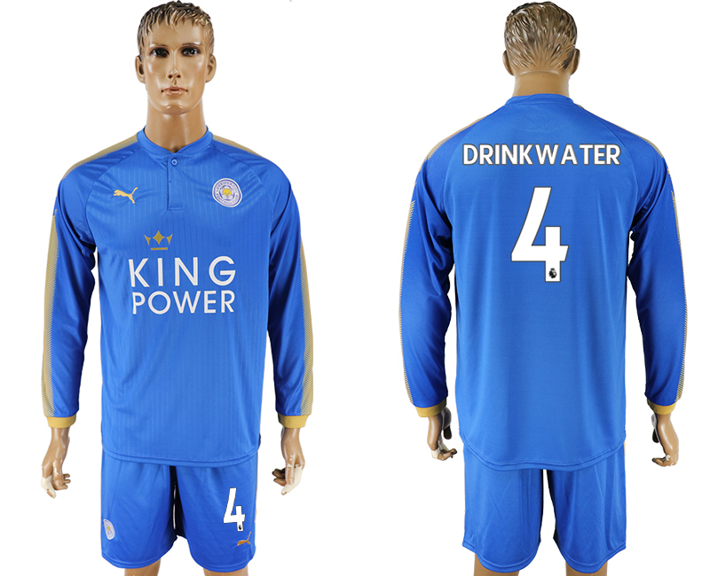 2017-18 Leicester City 4 DRINKWATER Home Long Sleeve Soccer Jersey