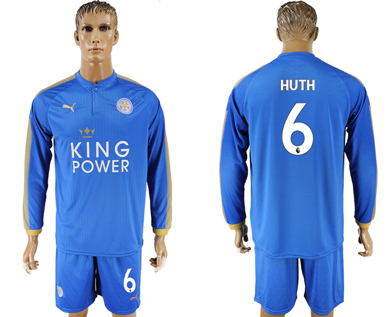 2017-18 Leicester City 6 HUTH Home Long Sleeve Soccer Jersey