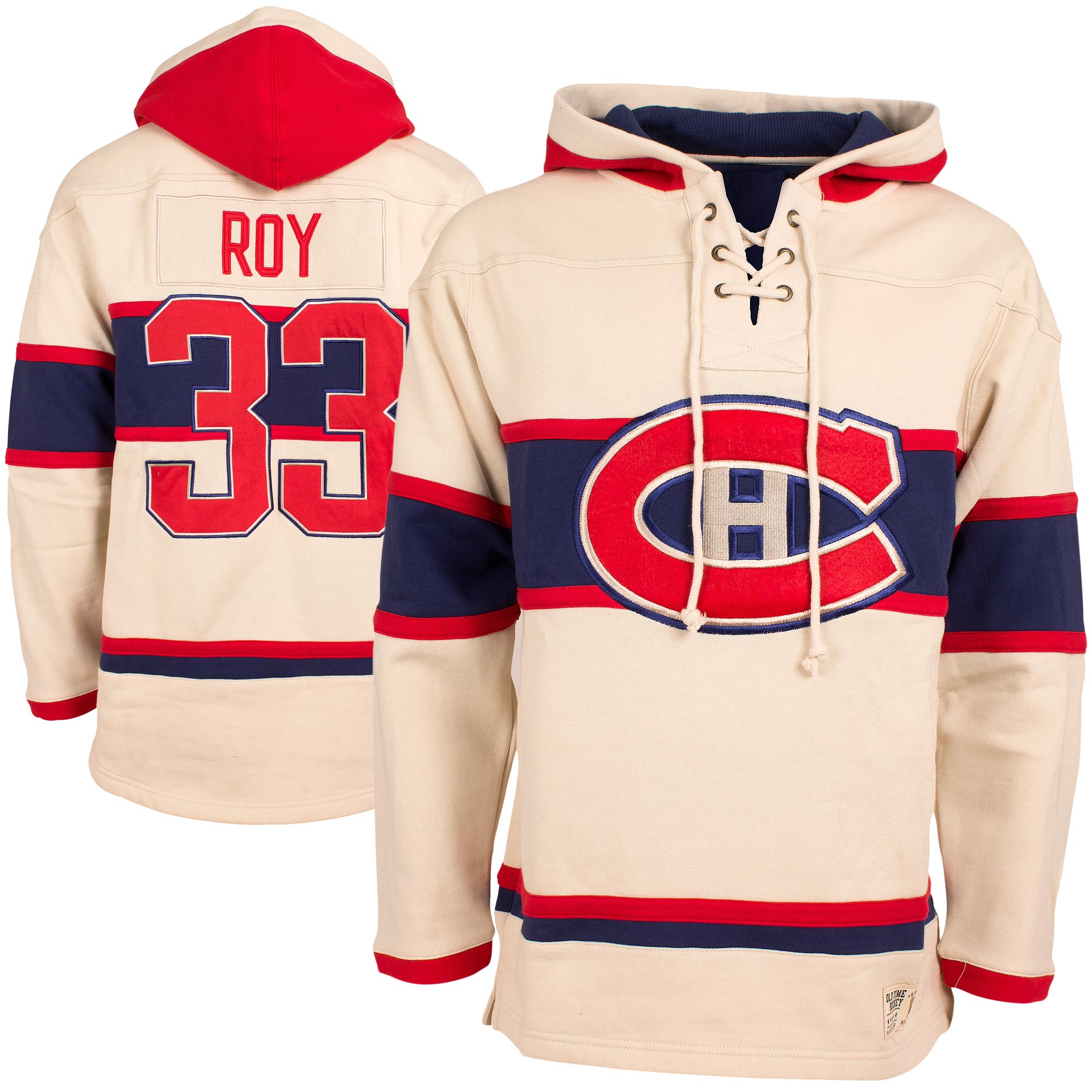 Canadiens 33 Patrick Roy Cream All Stitched Hooded Sweatshirt