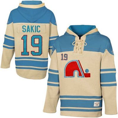 Nordiques 19 Joe Sakic Cream Throwback All Stitched Hooded Sweatshirt