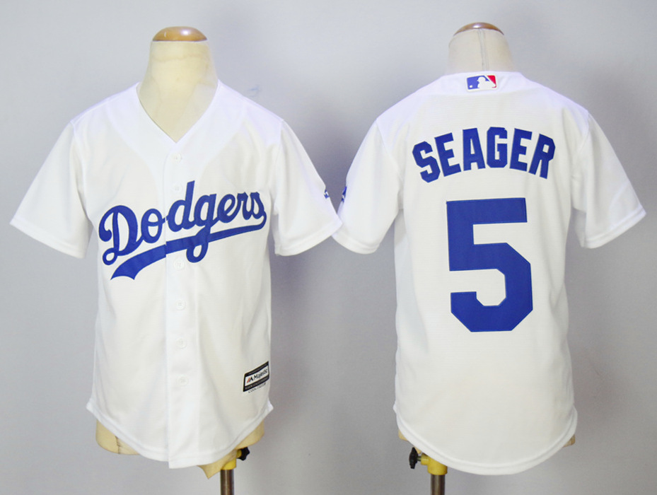 Dodgers 5 Corey Seager White Youth Cool Base Jersey - Click Image to Close