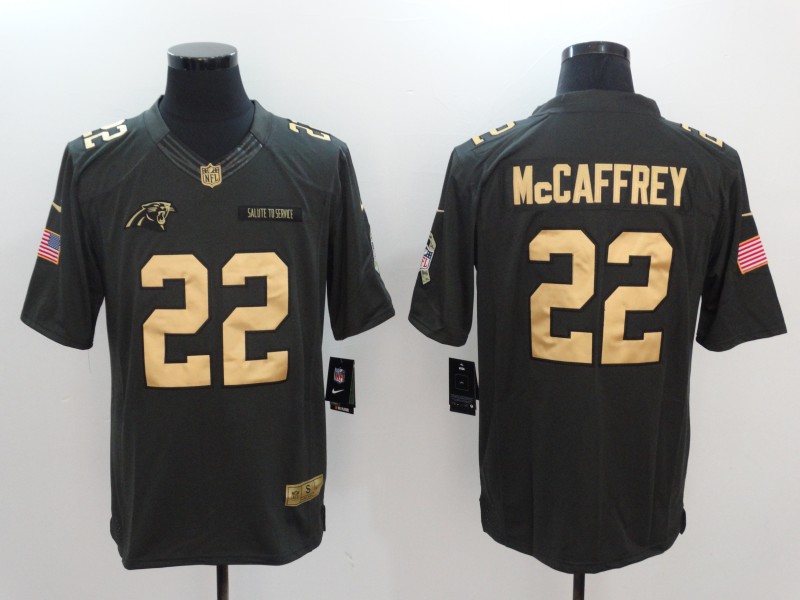 Nike Panthers 22 Christian McCaffrey Anthracite Gold Salute To Service Limited Jersey