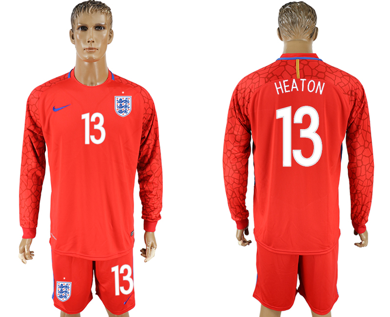 England 13 HEATON Red Goalkeeper 2018 FIFA World Cup Long Sleeve Soccer Jersey