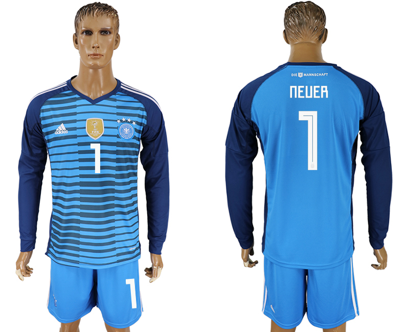 Germany 1 NEUER Lake Blue Goalkeeper 2018 FIFA World Cup Long Sleeve Soccer Jersey