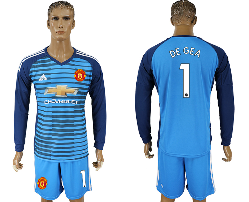2017-18 Manchester United 1 DE GEA Lake Blue Goalkeeper Long Sleeve Soccer Jersey