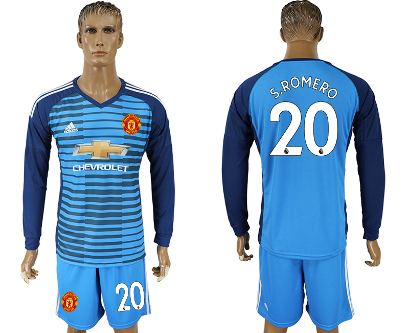 2017-18 Manchester United 20 S. RomaRO Lake Blue Goalkeeper Long Sleeve Soccer Jersey