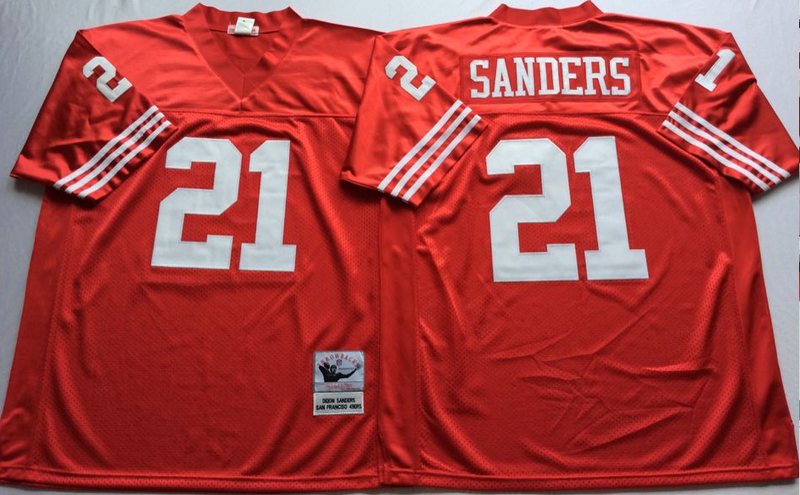 49ers 21 Deion Sanders Red M&N Throwback Jersey