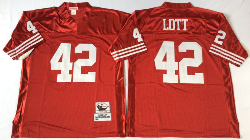 49ers 42 Ronnie Lott Red M&N Throwback Jersey